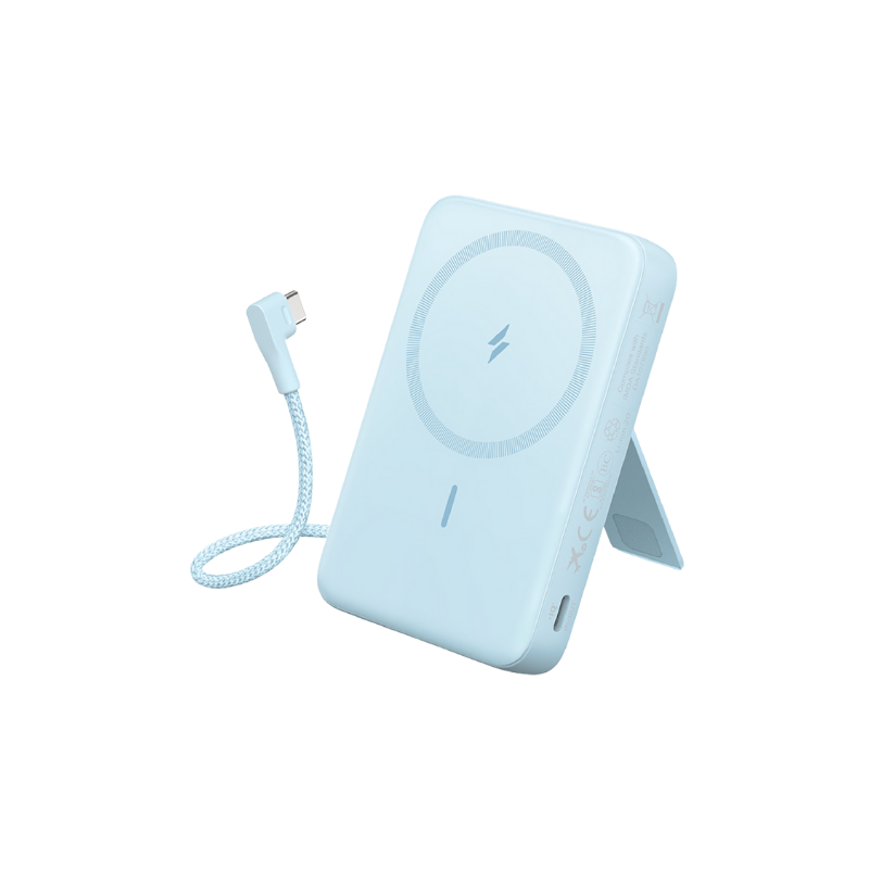 Light blue wireless charging pad with cable on a white background