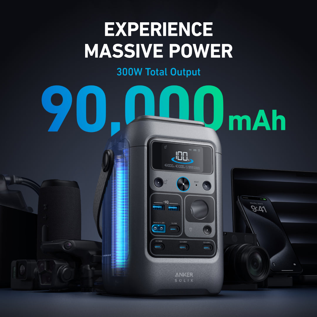 Power bank with 90,000mAh capacity and 300W total output on a dark background