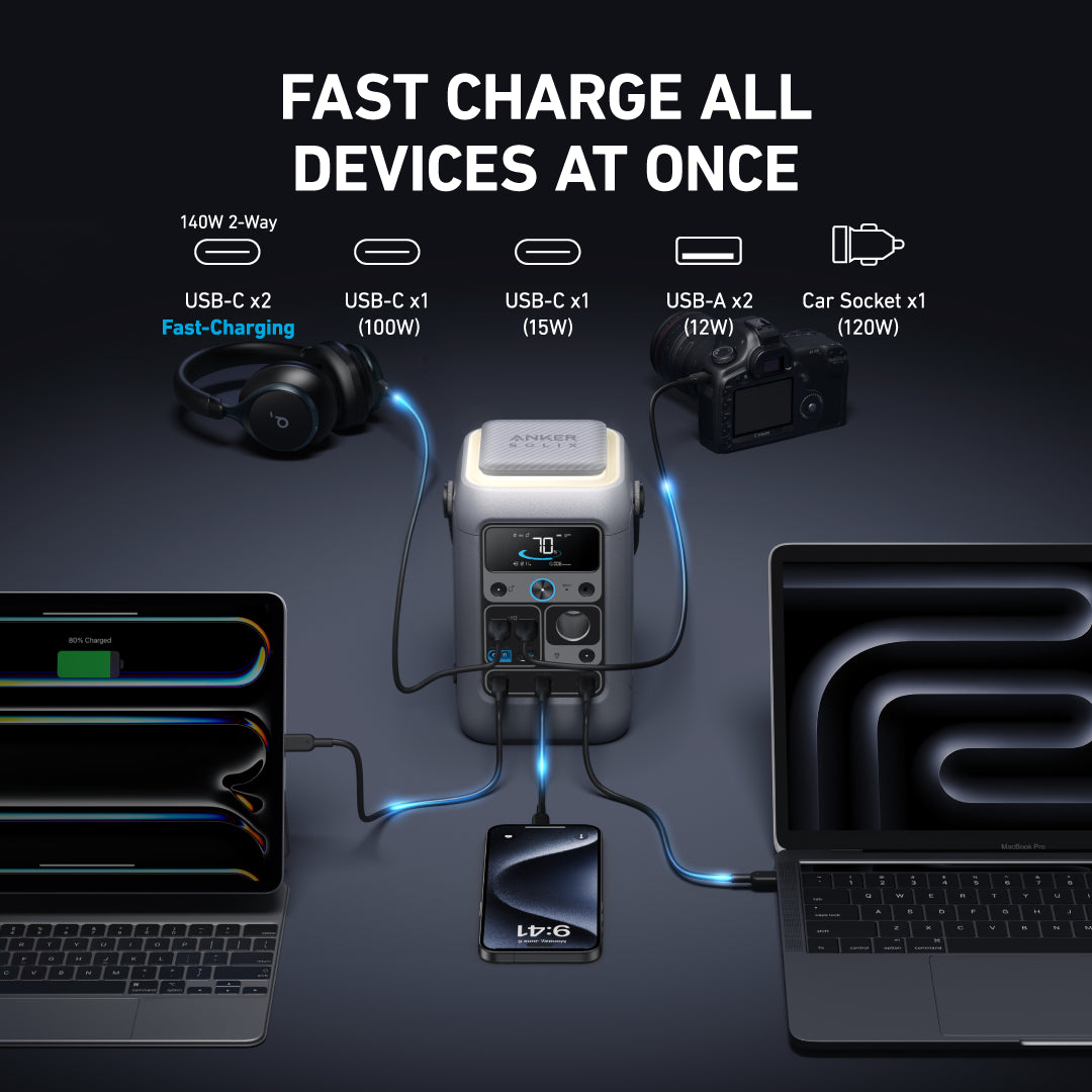 Power station with multiple charging ports connected to laptops, phones, and other devices on a dark background.