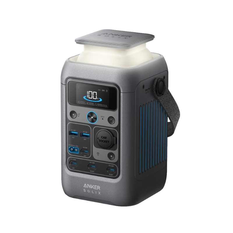 Anker Solix portable power station with a light on a white background