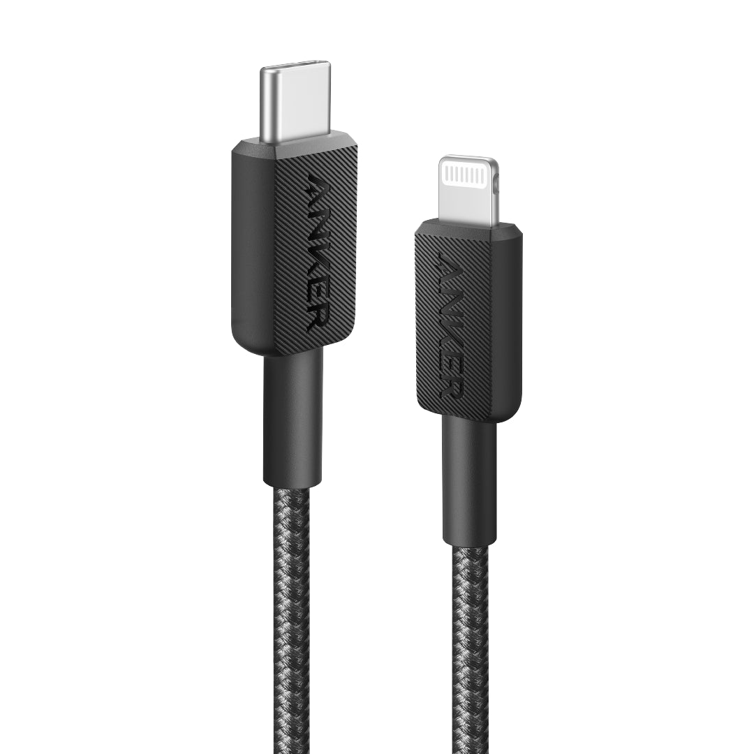 Anker cable with USB-C and Lightning connectors on a white background