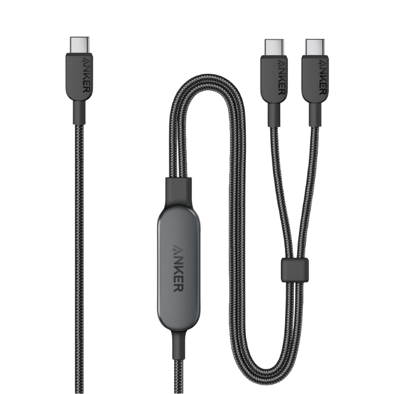 Anker multi-device charging cable with three ports on a white background