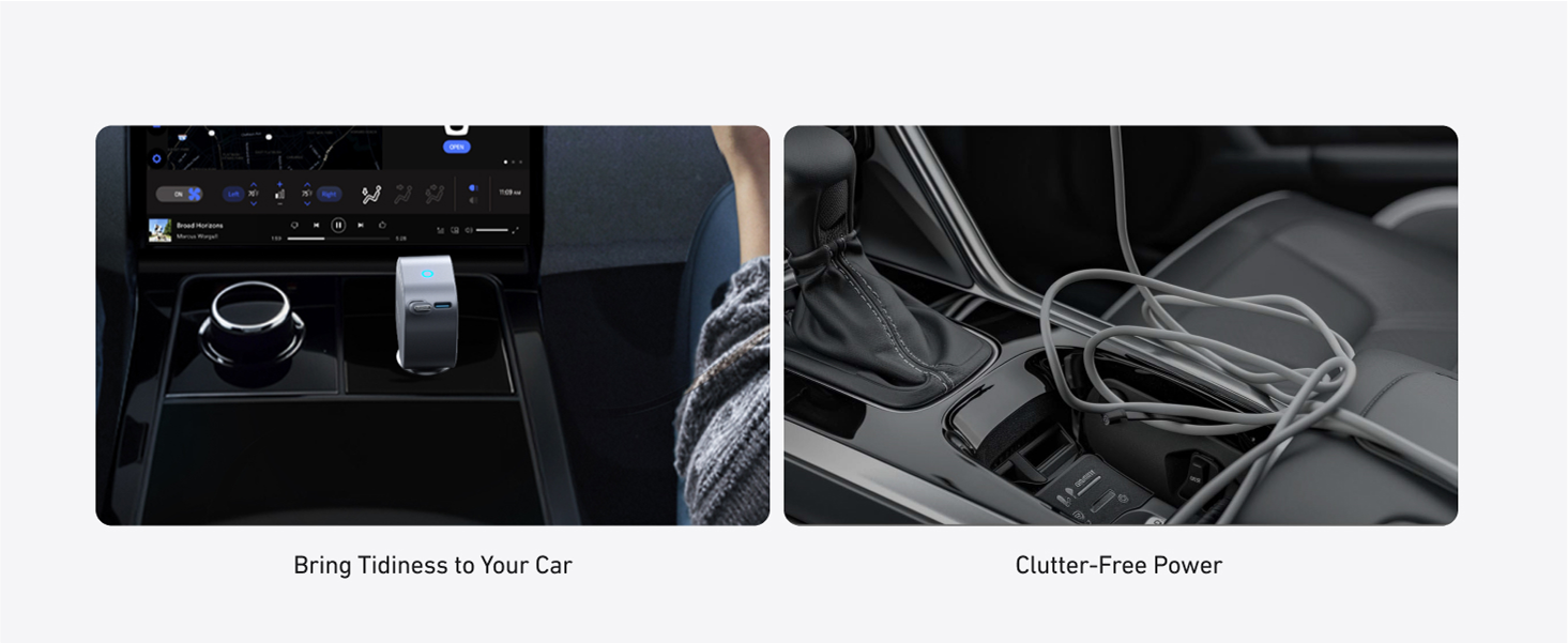 Two images showing a car's infotainment system and a neatly organized car console with power cable.