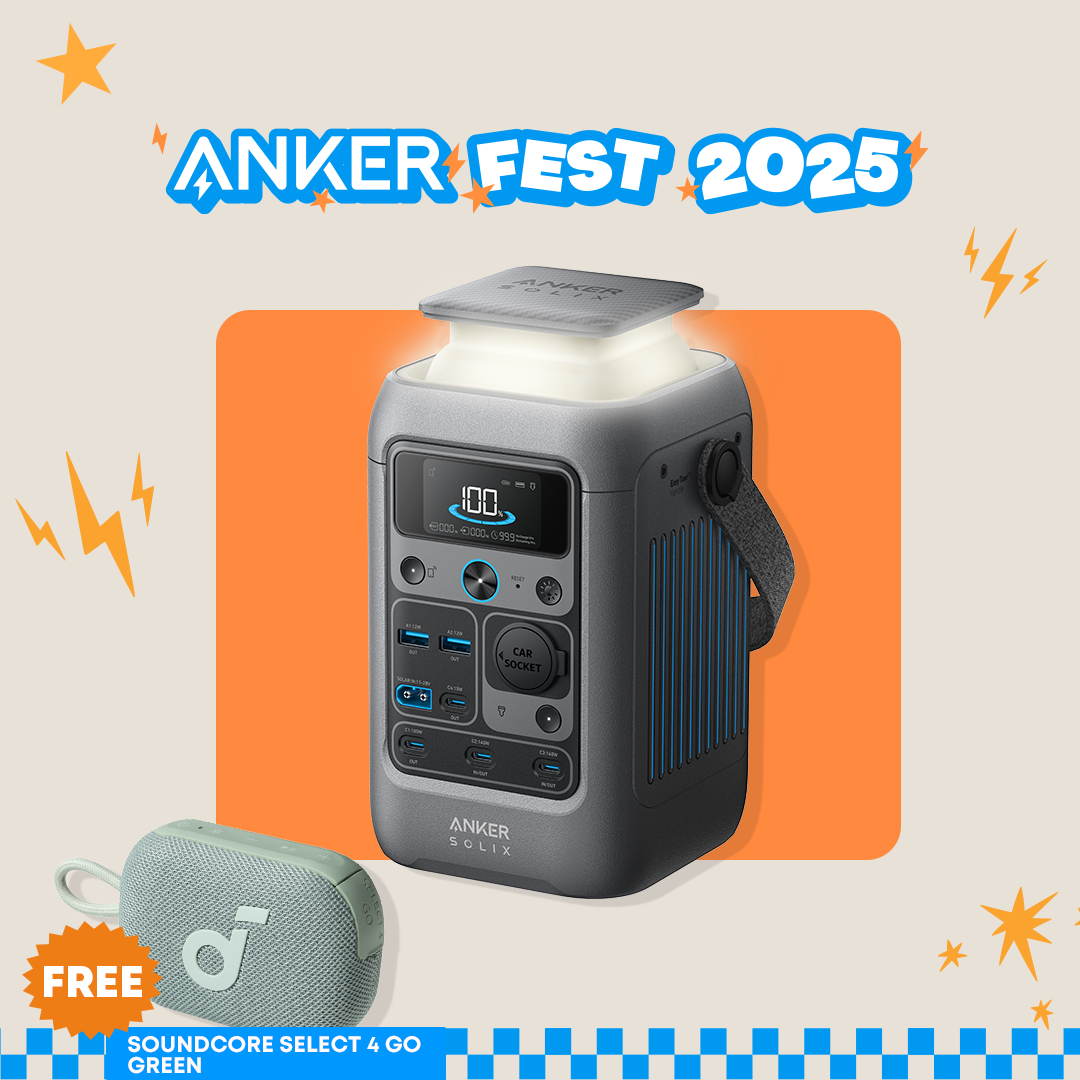 Anker power station with a free Soundcore Select & Go Green item on a promotional background for Anker Fest 2025.
