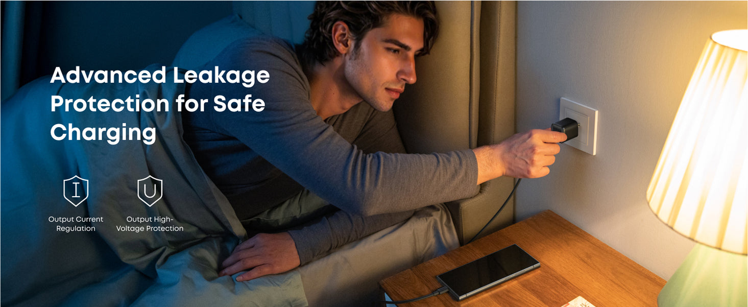 Person plugging a device into a wall outlet with text about leakage protection and safe charging.