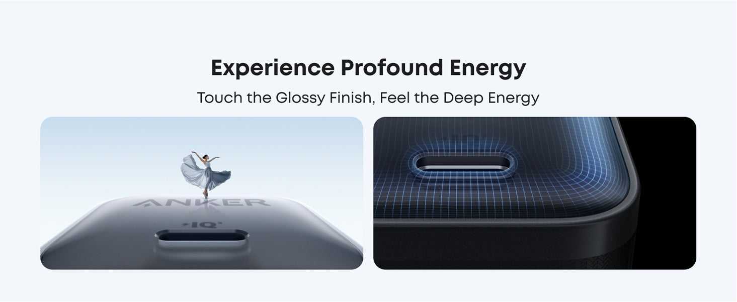 Product with text 'Experience Profound Energy' and 'Touch the Glossy Finish, Feel the Deep Energy' on a white background.