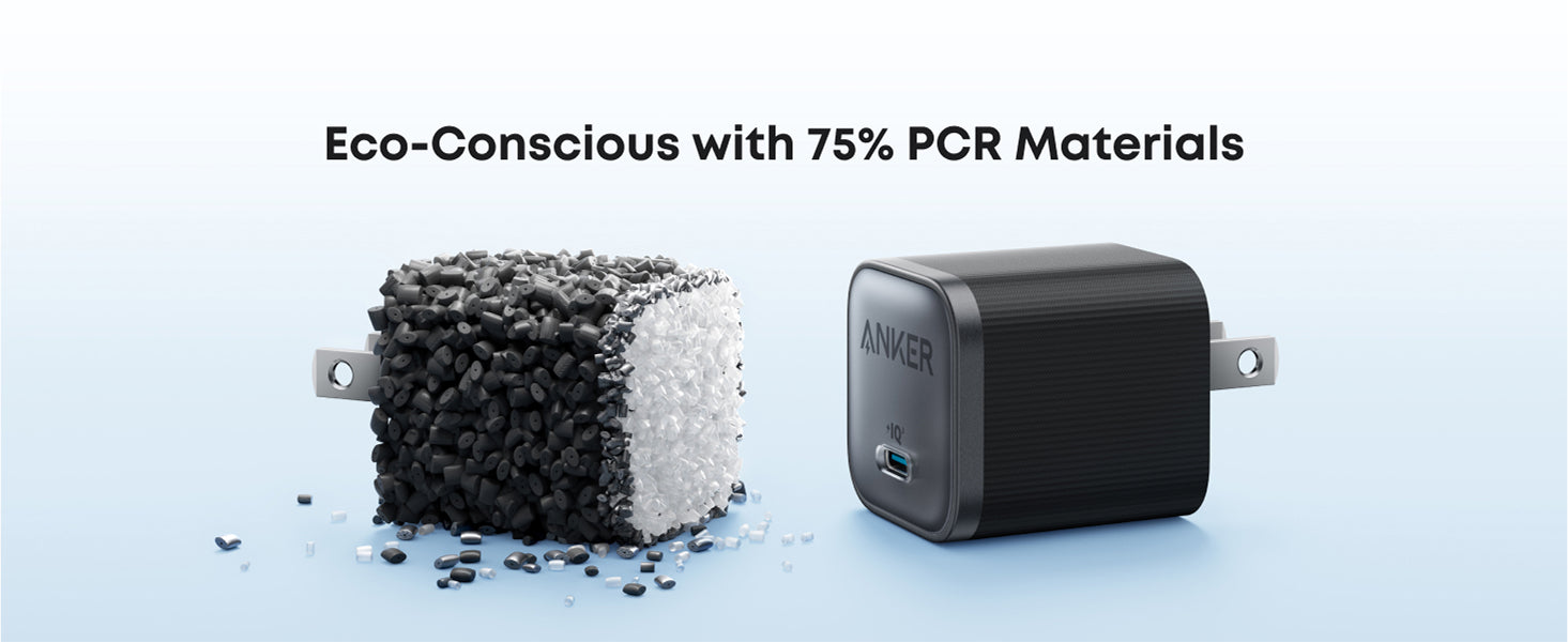 Black charger with eco-conscious material text on a light blue background