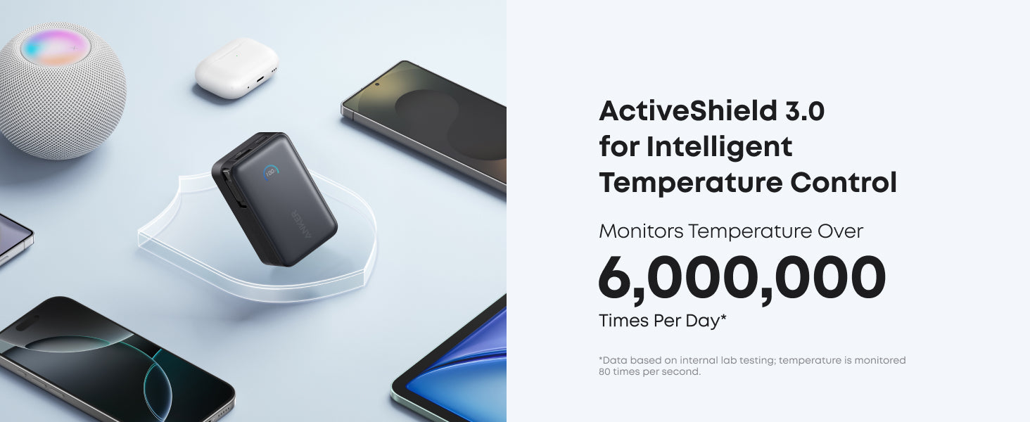 Smart home devices with ActiveShield 3.0 feature on a light blue background