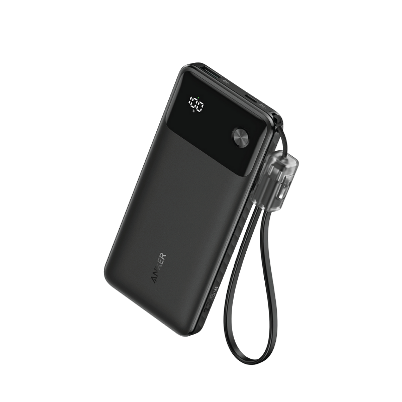 Black power bank with digital display and lanyard on a white background