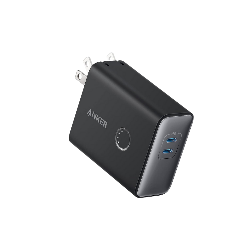 Black Anker power adapter with two USB ports on a white background