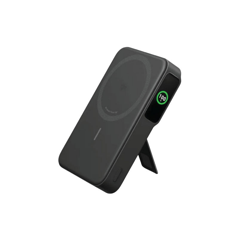 Black wireless charging stand with digital display on a white background