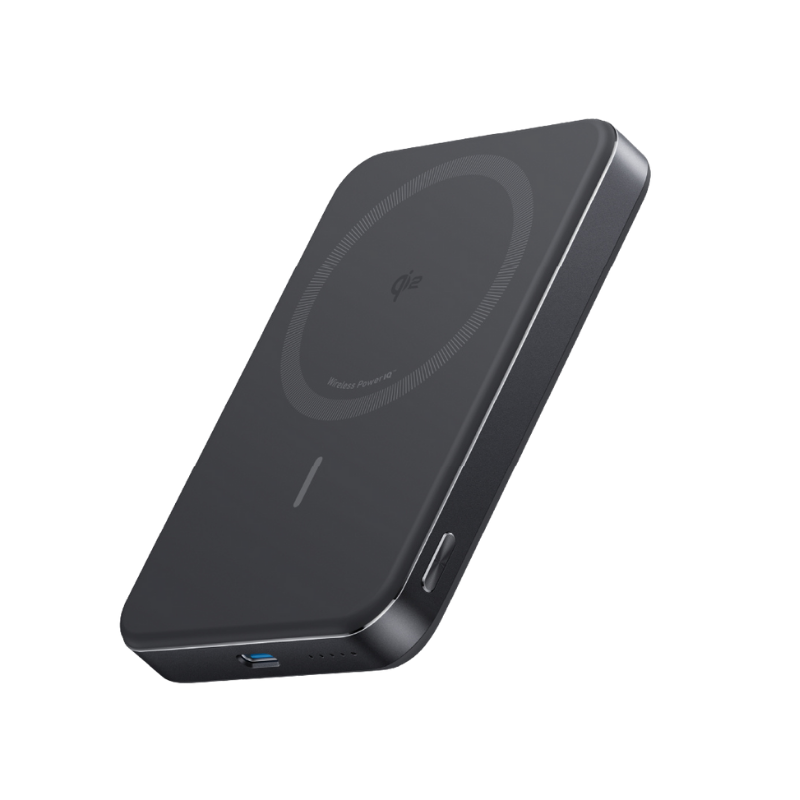 Black wireless charging pad on a white background