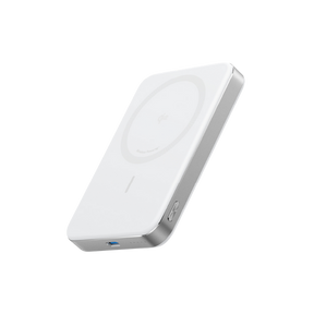White electronic device with a blue light on a white background