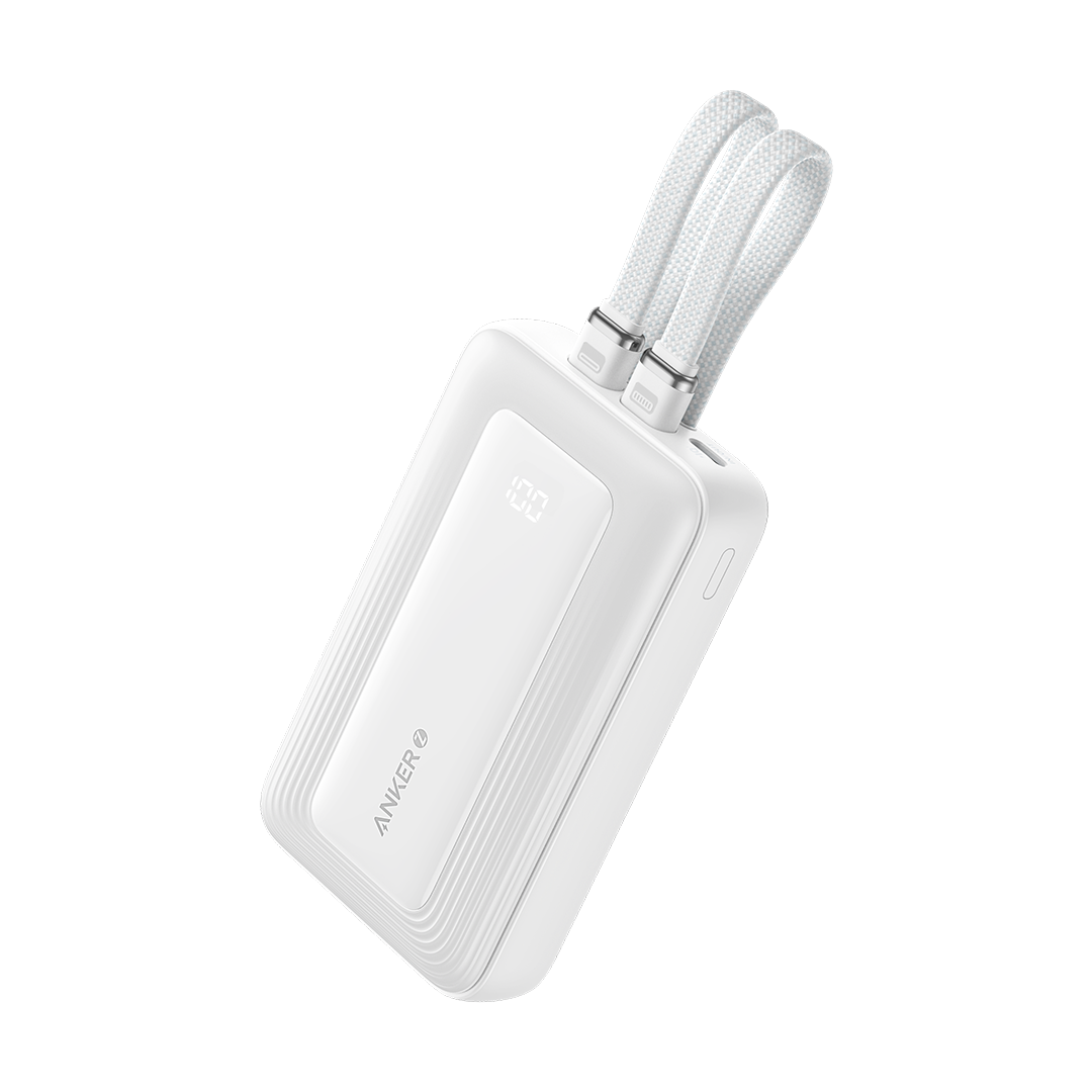 White zolo power bank with 2 built in usb-c cable on a white background 