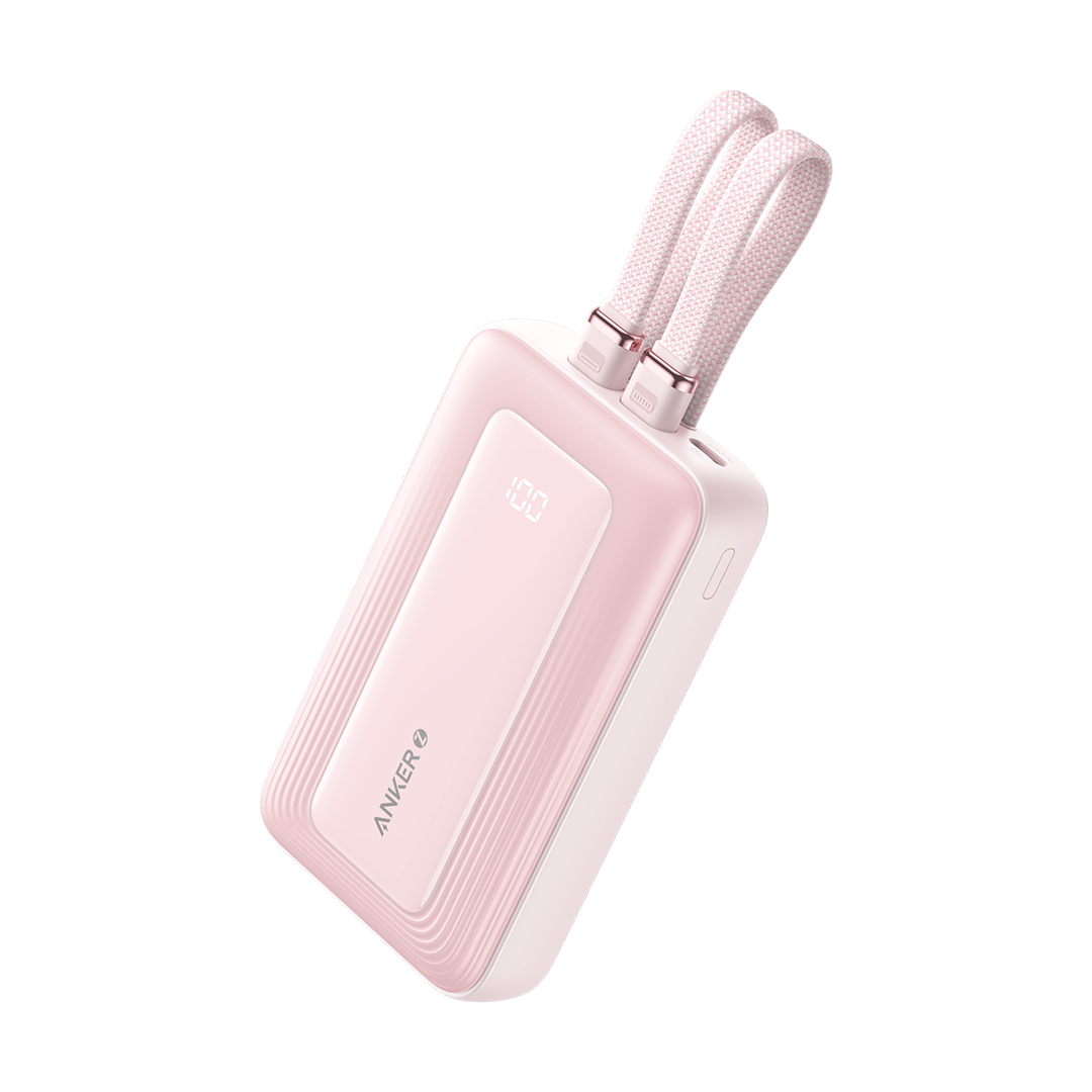 Pink zolo power bank with 2 built in usb-c cable on a white background 
