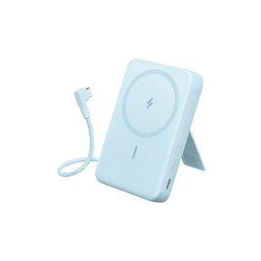 Light blue wireless charging pad with cable on a white background