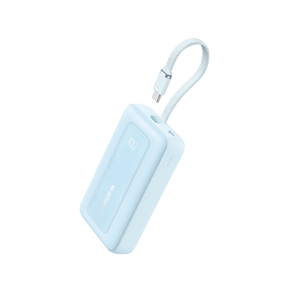 Light blue portable device with a USB cable on a white background