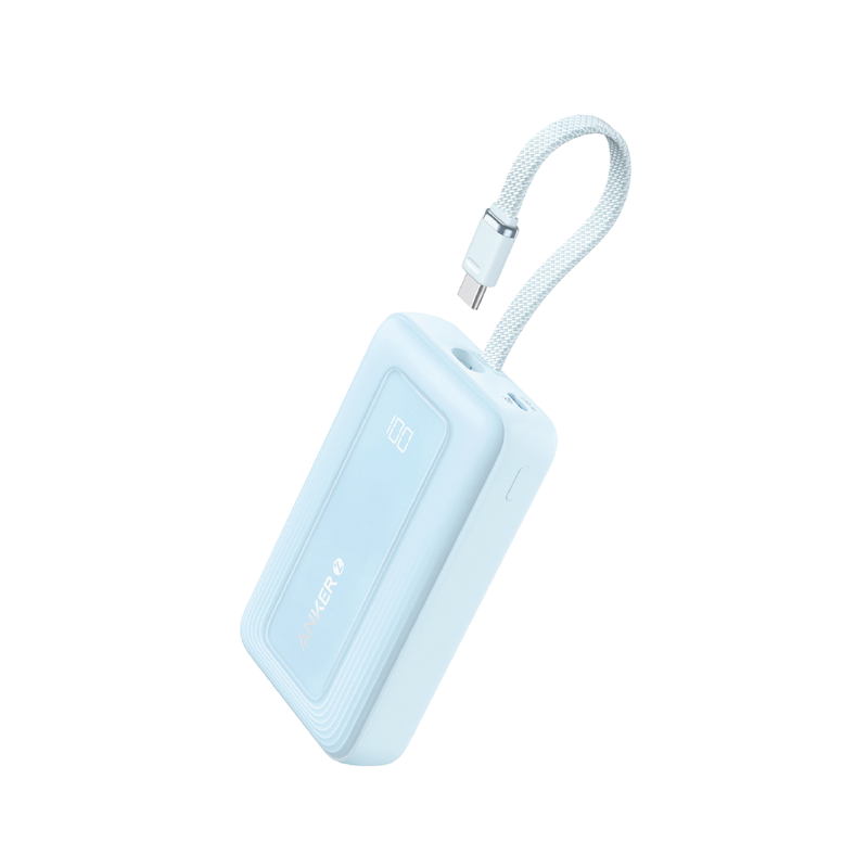 Light blue portable device with a USB cable on a white background
