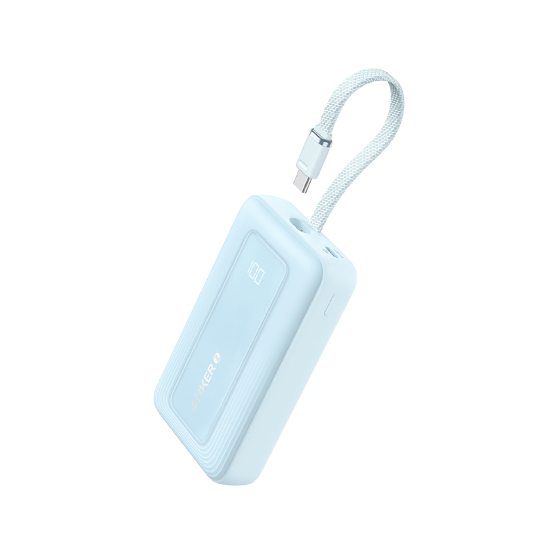 Light blue portable device with a strap on a white background