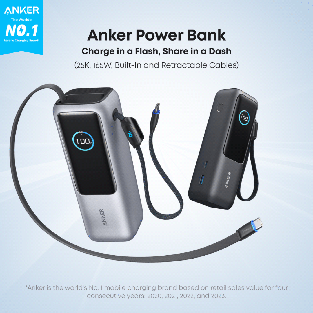 Anker power bank with charging cable on a light blue background