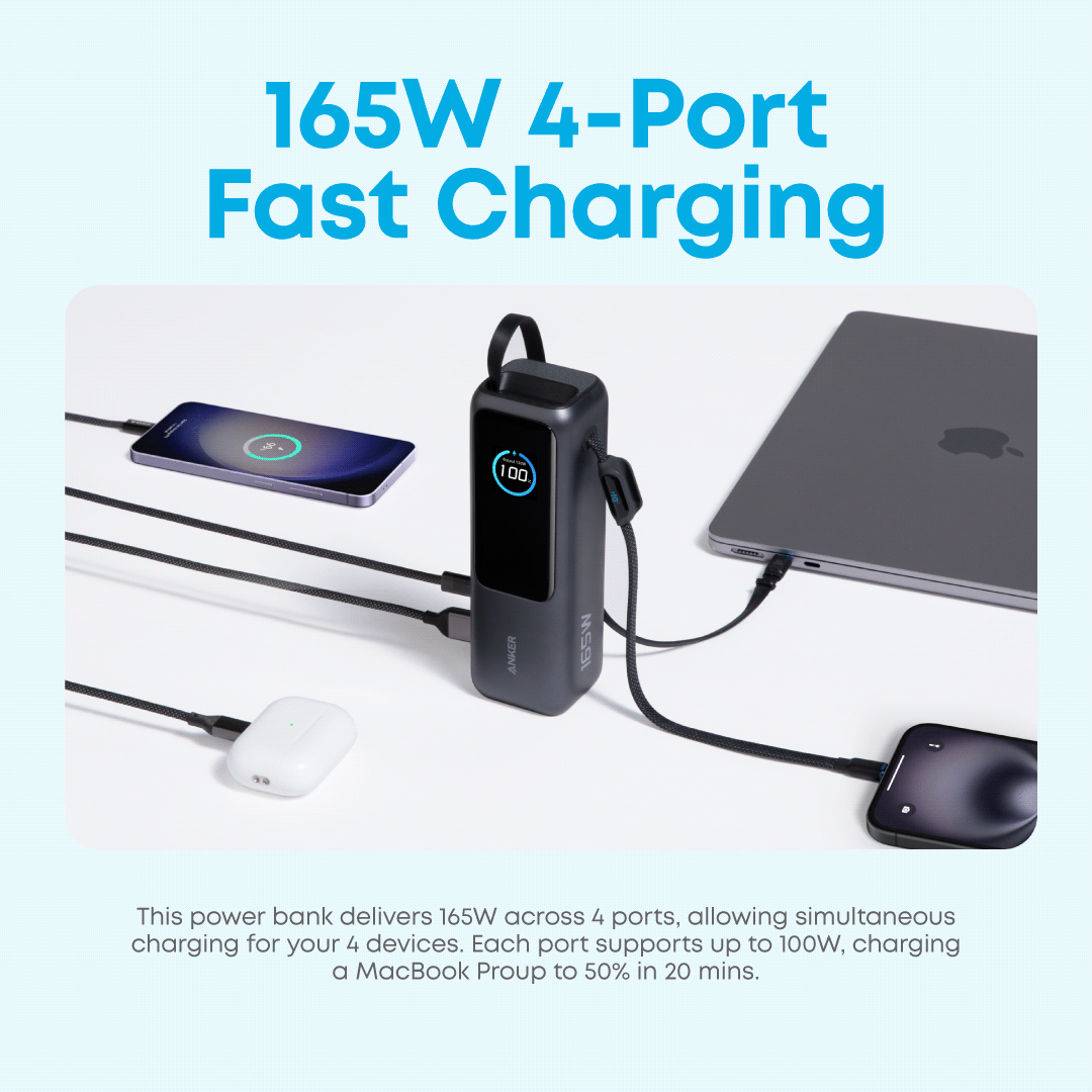 Power bank with 4 ports charging multiple devices on a white background