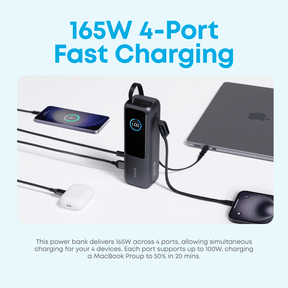 Power bank with 4 ports charging multiple devices on a white background