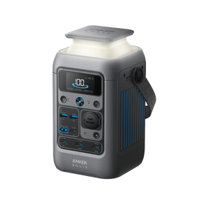 Anker Solix portable power station with a light on a white background