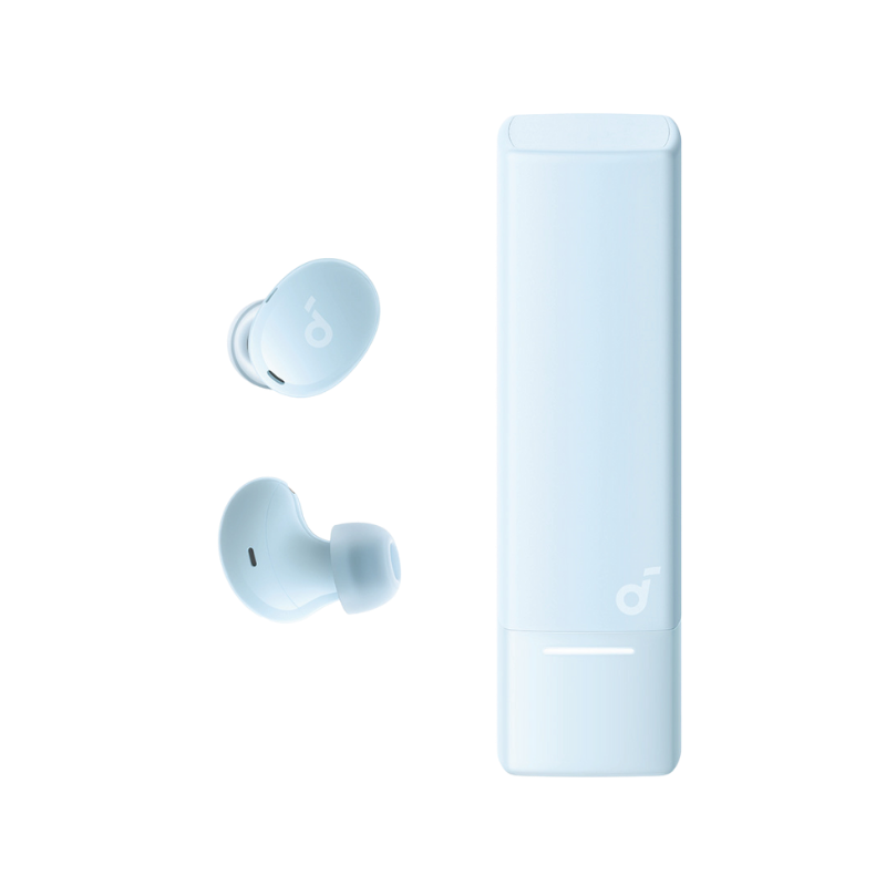 Pair of wireless earbuds with a charging case on a white background