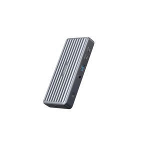 Portable hard drive with USB-C and USB-A ports on a white background