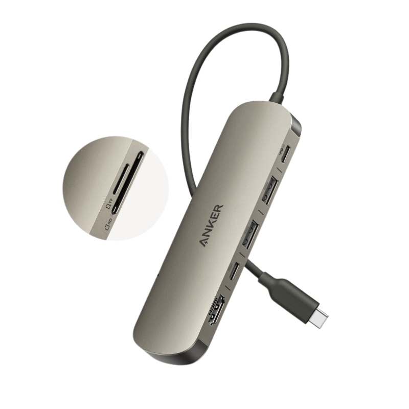 Anker USB hub with multiple ports on a white background