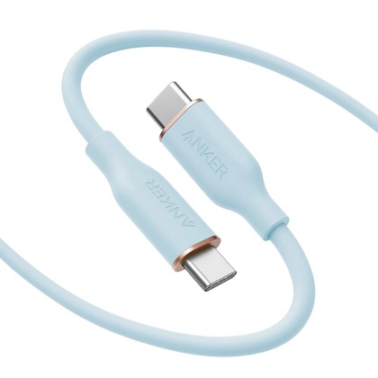 Light blue USB cable with Anker branding on a white background