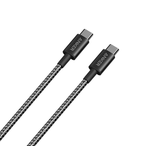 Black USB cable with braided design on a white background