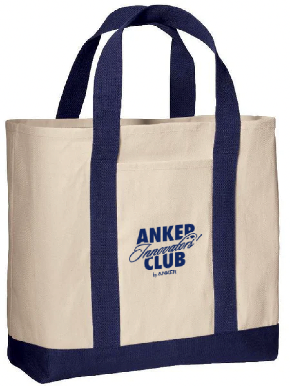 Beige tote bag with navy handles and border, featuring 'Anker Innovators Club' text.