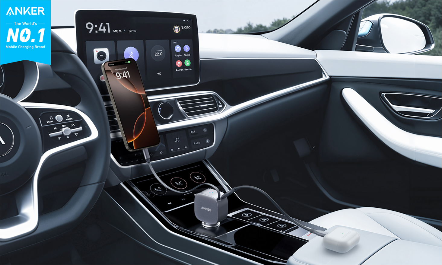 Car dashboard with a smartphone on a stand, Anker logo visible