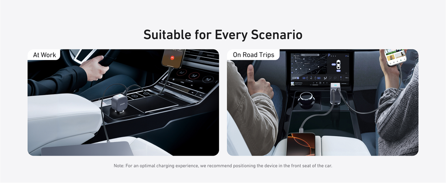 Two scenarios showing a car's interior with a charging device, suitable for work and road trips.