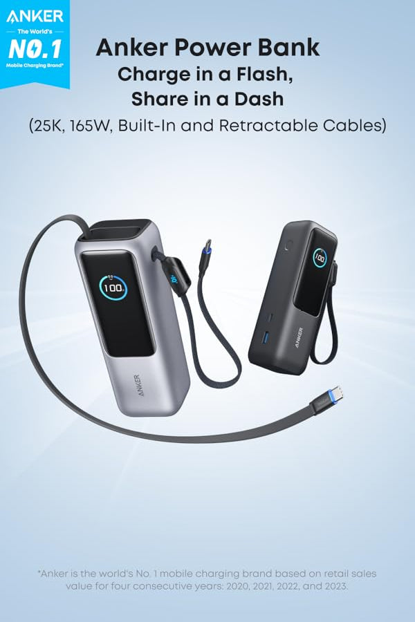 Anker Power Bank 25K 165W Built and Retractable Cable