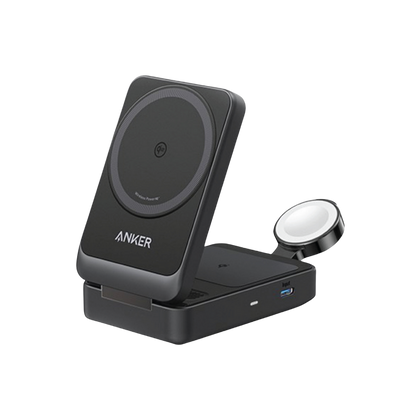 Anker wireless charging stand with phone holder on a white background