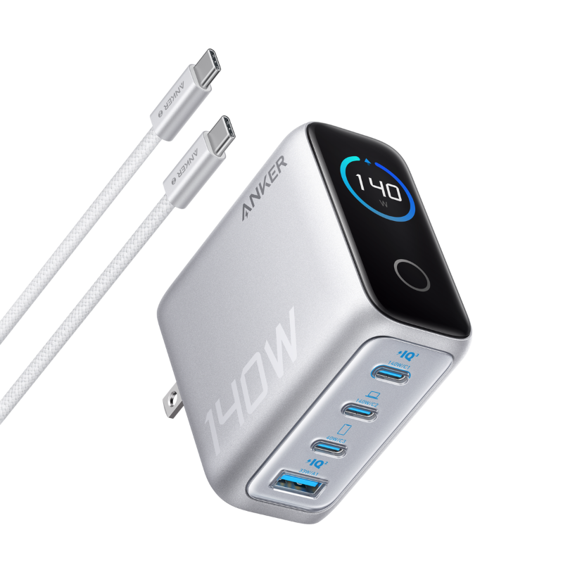 Anker power station with multiple USB ports and a cable on a white background
