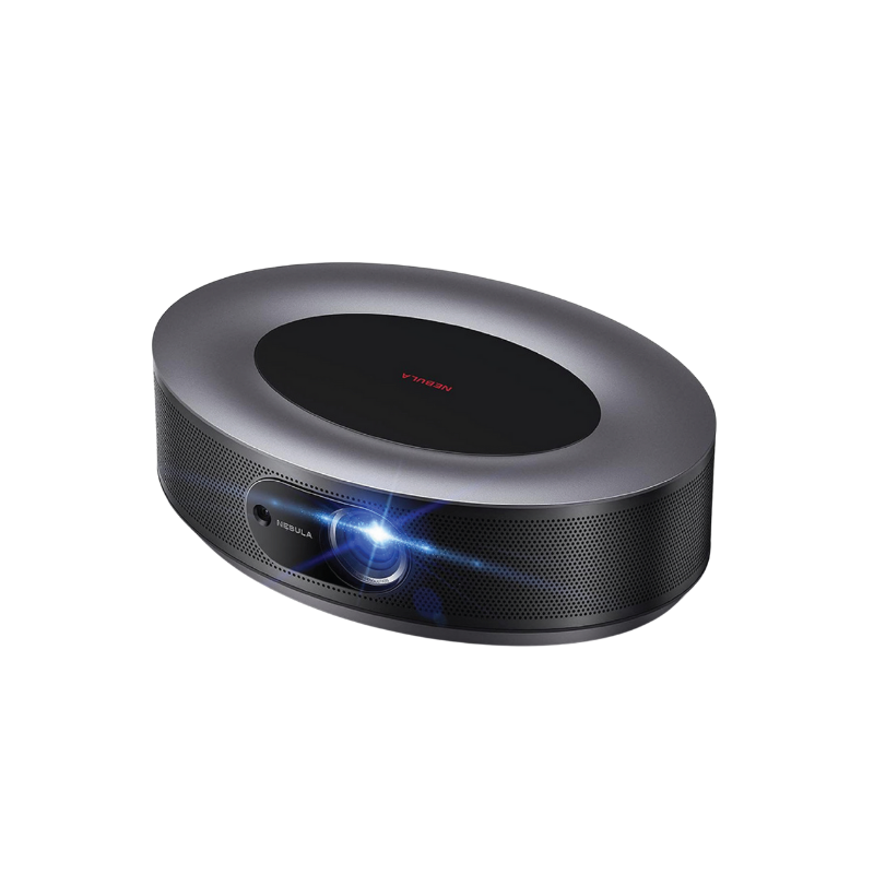 Black portable projector on a white background