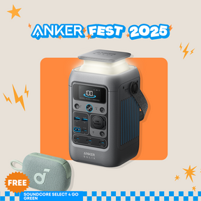 Anker power station with a free Soundcore Select & Go Green item on a promotional background for Anker Fest 2025.