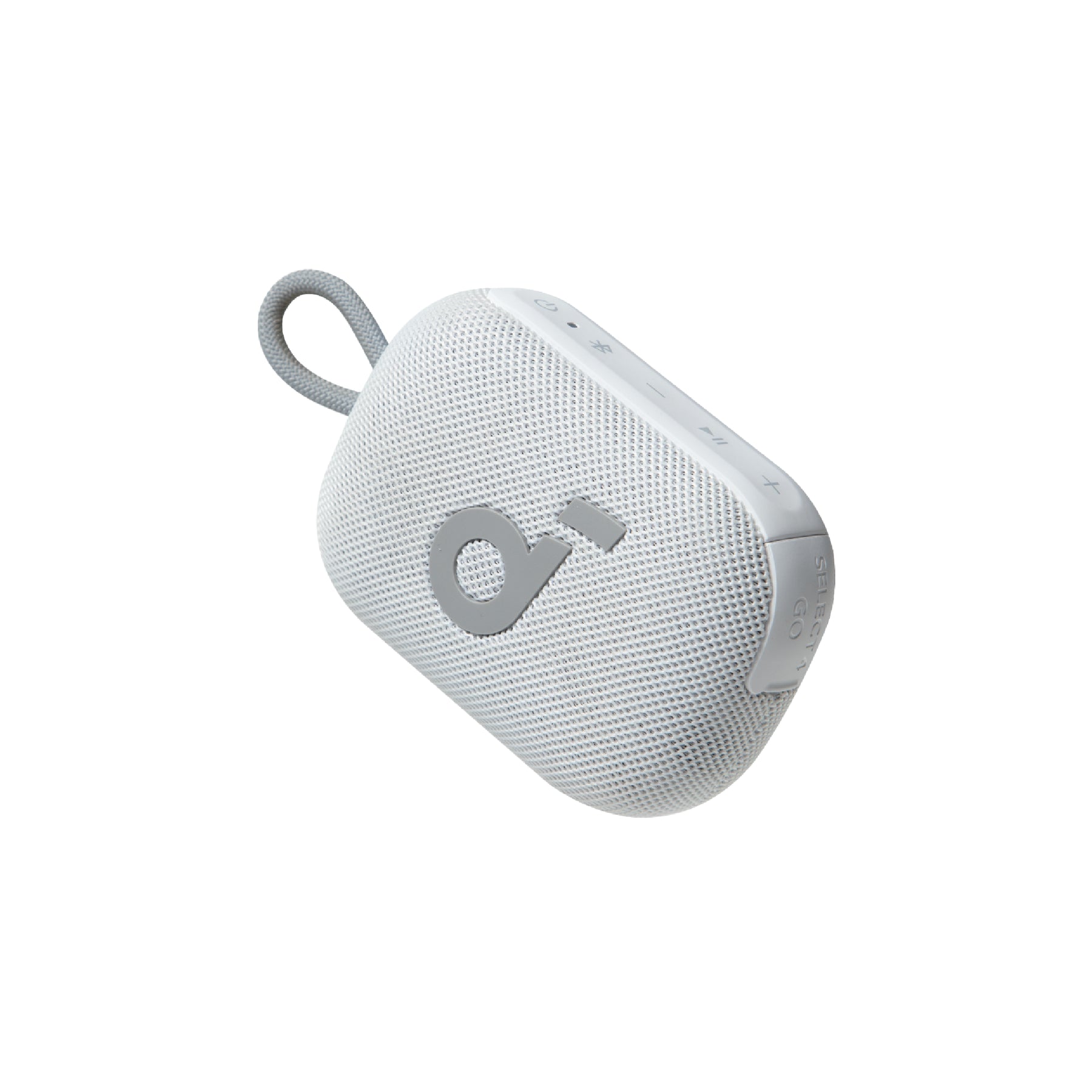White portable speaker with a brand logo on a white background