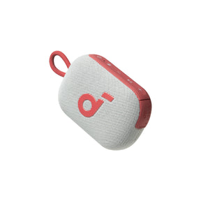 White and red portable speaker with a brand logo on a white background