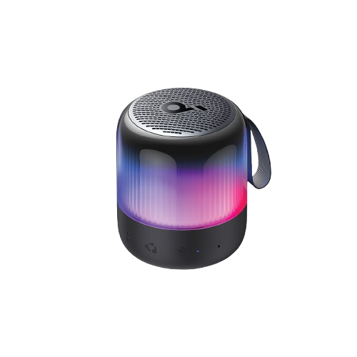 A portable cylindrical Bluetooth speaker with a black textured top and base, featuring a translucent body that glows with blue, purple, and pink LED light, and includes a black carrying strap on a white background.