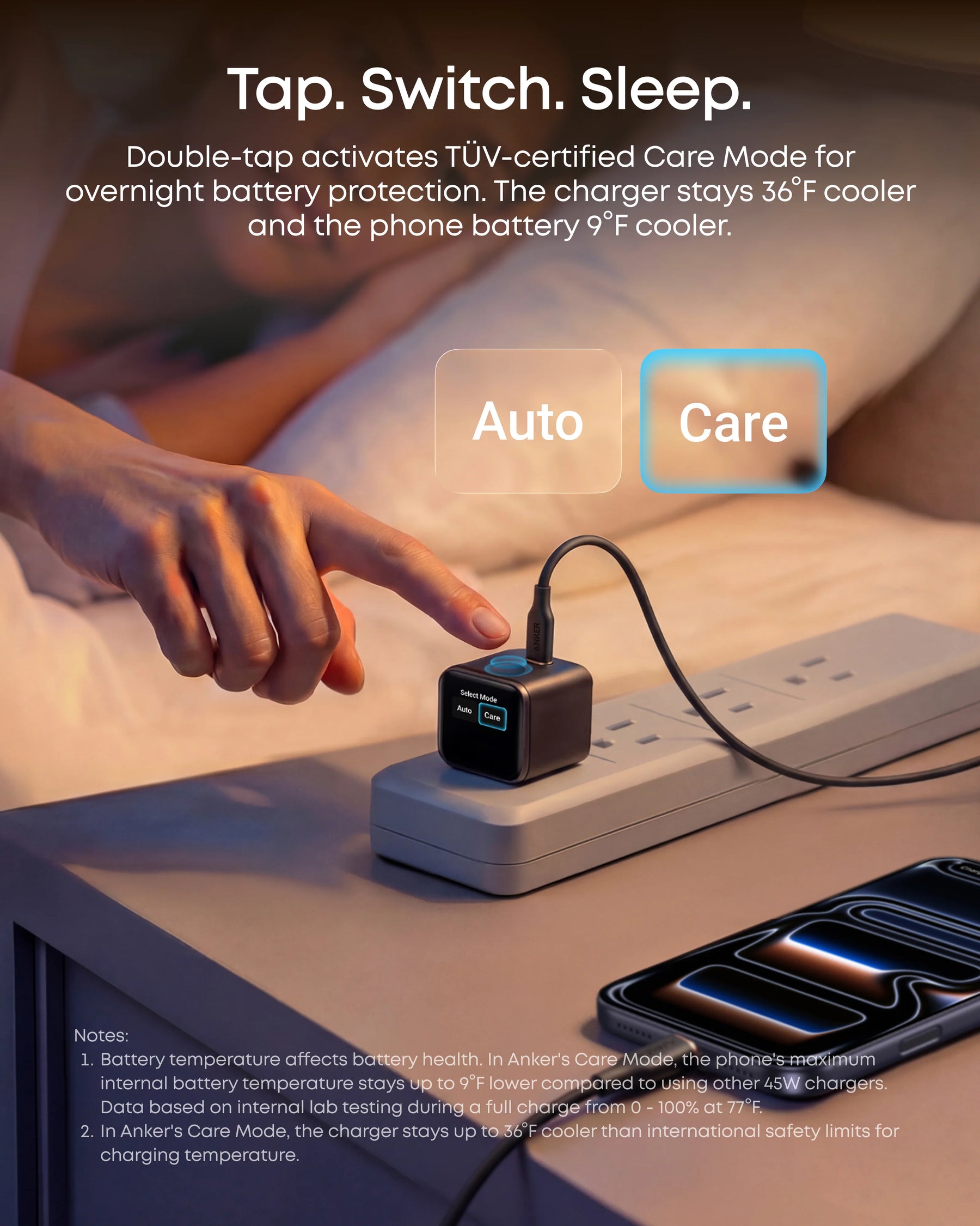 Anker Nano Charger 45W Care Mode activated for TUV-certified overnight battery protection