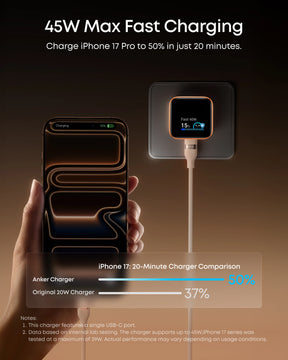 Anker Nano Charger 45W fast charging iPhone 17 Pro to 50 percent in 20 minutes