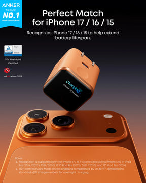 Anker Nano Charger 45W Desert Orange TUV-certified Care Mode for iPhone 17 16 15