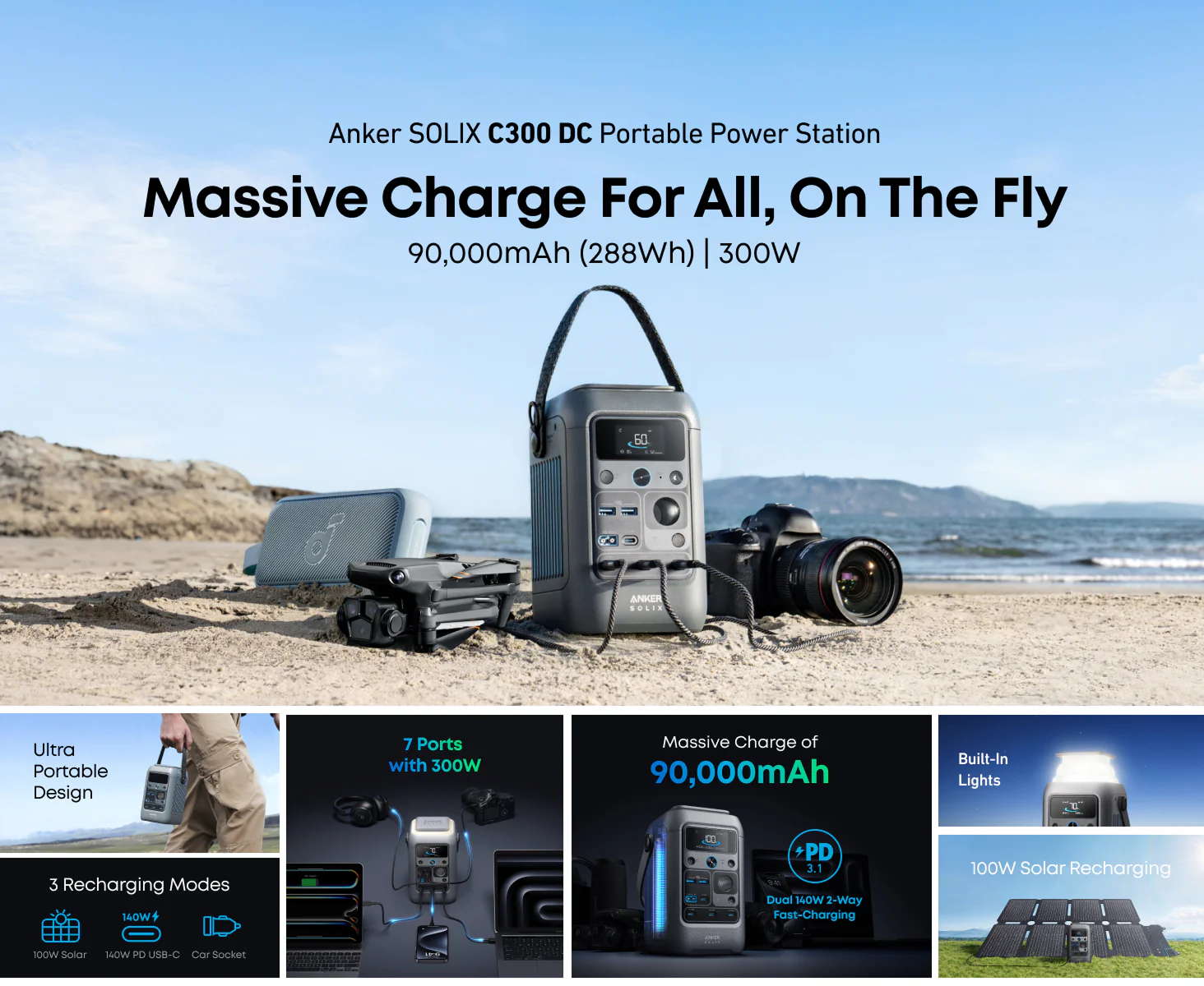 Anker SOLIX C300 DC Portable Power Station on a beach with scenic background