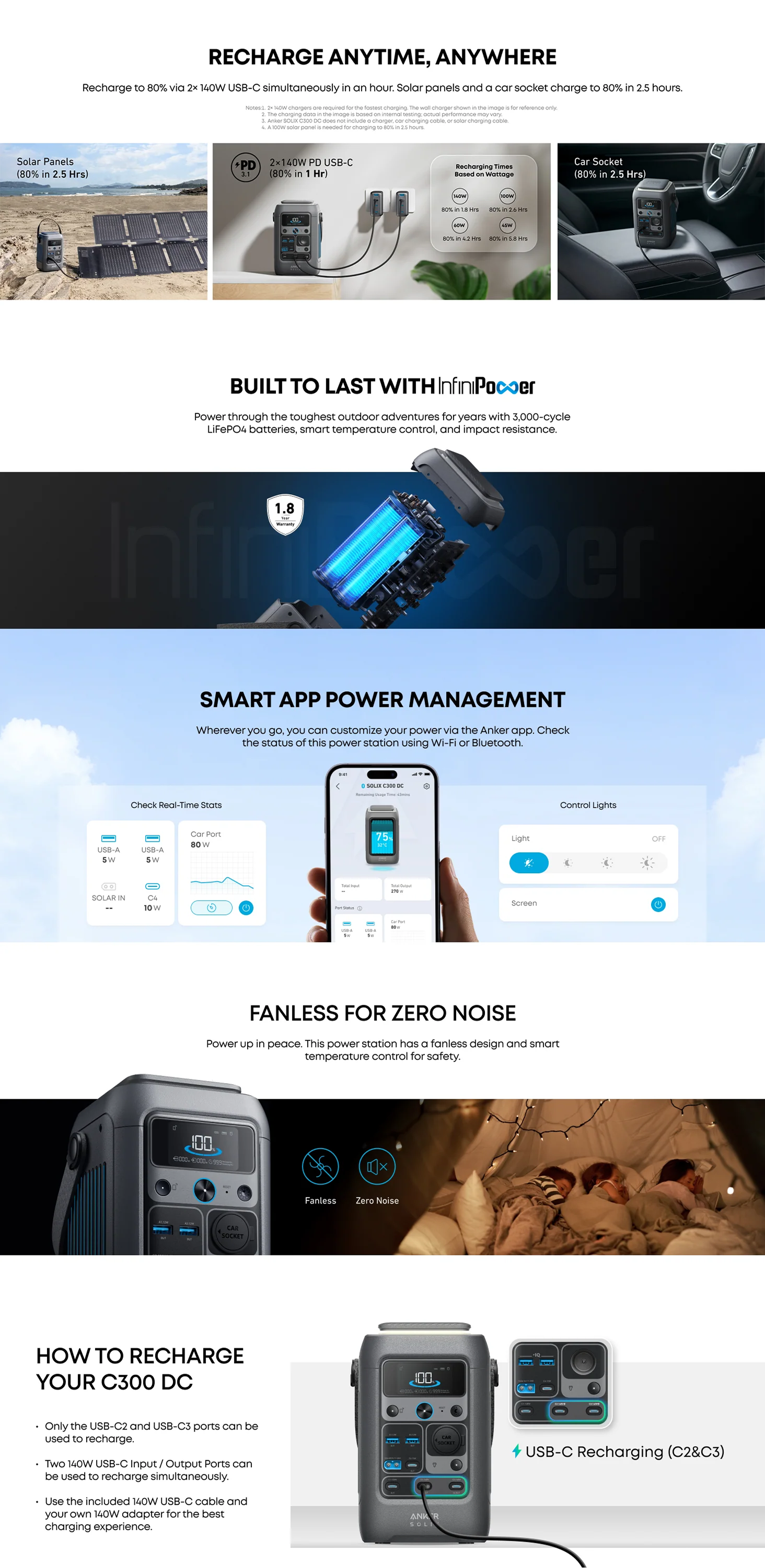 Product page with features of a power station and smartphone app on a blue gradient background.