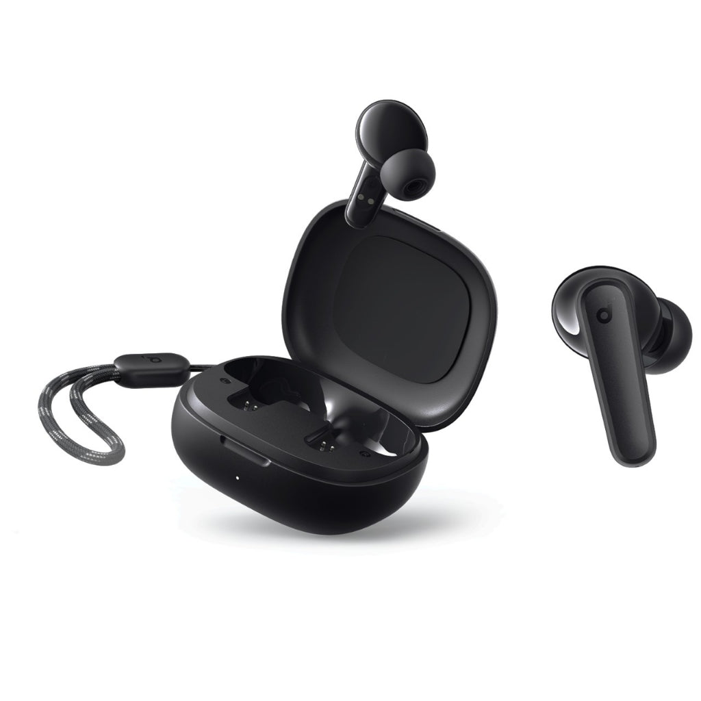 Black Soundcore R50i wireless earbuds with charging case on a white background