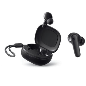 Black Soundcore R50i wireless earbuds with charging case on a white background